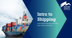 A cargo vessel sails away from an arrow-shaped tile that announces the Intro to Shipping course