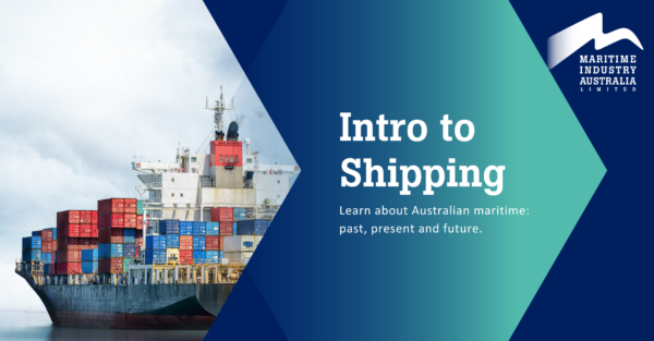 A cargo vessel sails away from an arrow-shaped tile that announces the Intro to Shipping course