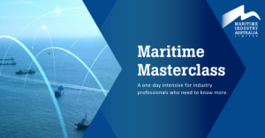Ships on the ocean are linked by beams of light besides an arrow-shaped tile that announces the Maritime Masterclass course